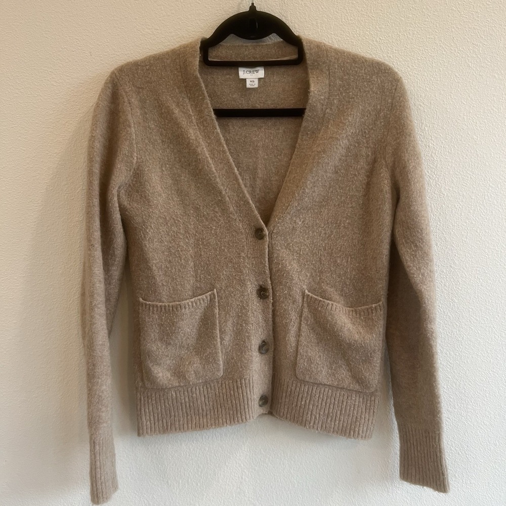 J. Crew Wool Blend V Neck Button Cardigan Women's XS Tan‎ Brown Preppy